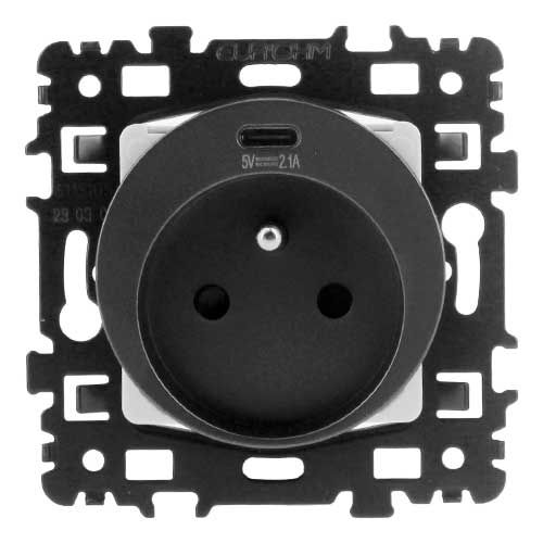 Prise électrique 2P+T + USB Type C anthracite Eurohm Square - vue de face