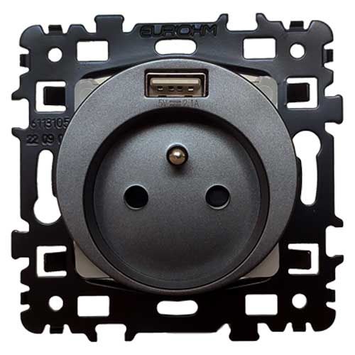 Prise de courant anthracite Eurohm Square avec port USB de type A - vue de face