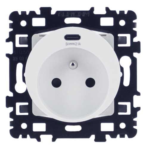Prise électrique 2P+T + USB Type C blanche Eurohm Square - vue de face