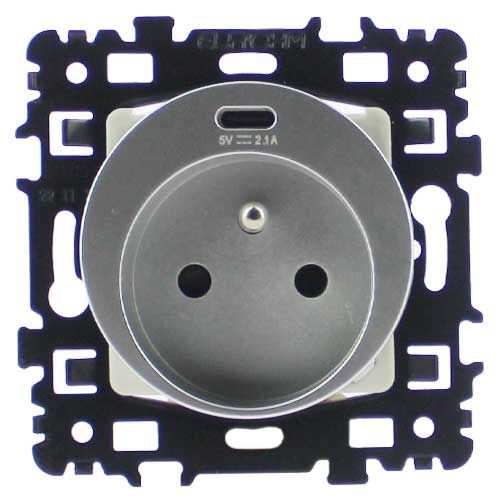 Prise de courant 2P+T + USB Type C coloris silver Eurohm Square - vue de face