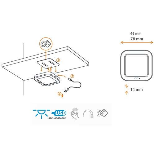 Réglette LED carré blanc GAO magnétique et rechargeable par USB - schéma d'installation avec dimensions