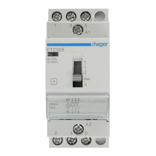 Contacteur Jour / Nuit 25A 3F/NO triphasé 2 modules marque Hager - vue de face