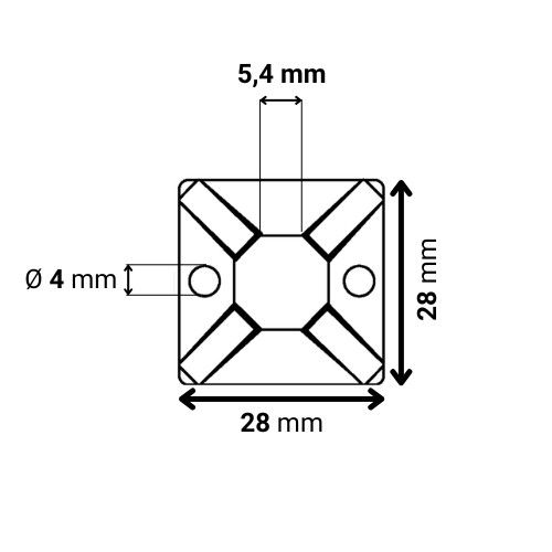 Embases adhésives ou à visser noirs 28x28mm Hellermanntyton - schéma avec dimensions
