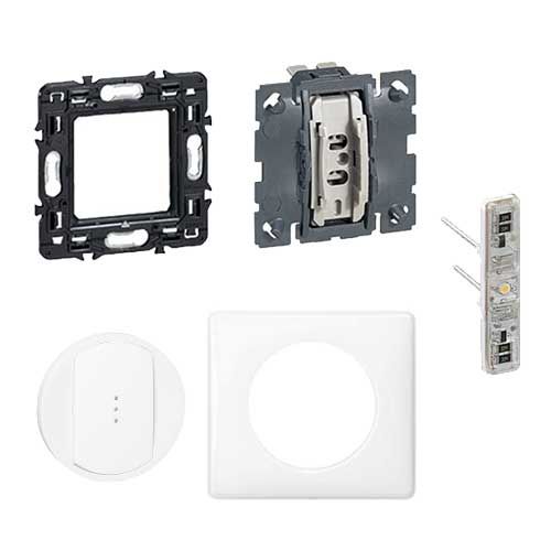 Support Batibox noir + va et vient Legrand Céliane + enjoliveur blanc Legrand Céliane + plaque de finition blanche Legrand Céliane + voyant lumineux