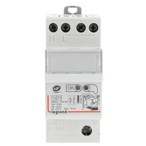 Parafoudre monophasé autoprotégé type 2 12kA 230V Legrand - vue de face