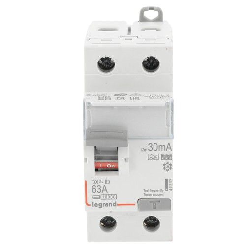Interrupteur différentiel 63A 30mA type F 2 modules 230V Legrand DX3 - vue de face