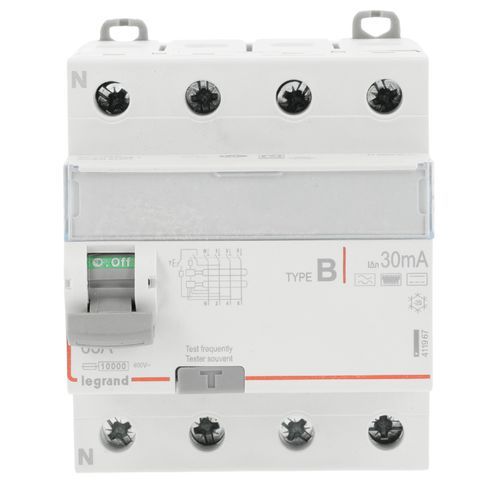 Interrupteur différentiel tétrapolaire 63A 30mA type B 4 modules 400V Legrand DX3 - vue de face