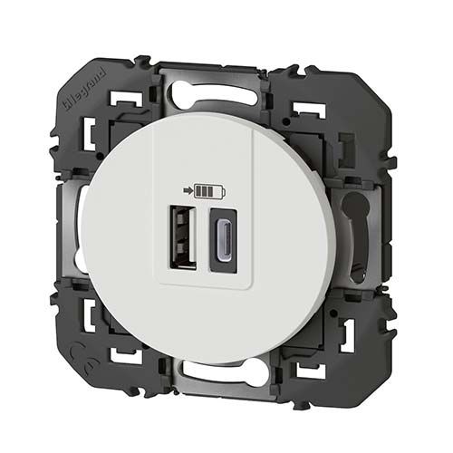 Double prise USB Legrand Dooxie Type-A et Type-C - vue de profil