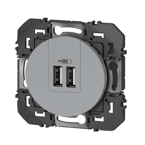 Double prise USB Type-A Legrand Dooxie finition alu - vue de profil