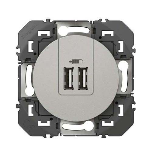 Double prise USB Type-A Legrand Dooxie finition alu - vue de face