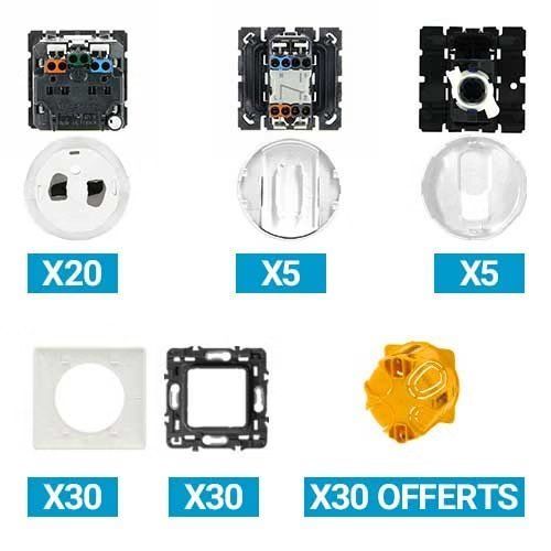 Lot de 20 prises de courant + 5 va-et-vient + 5 prises RJ45 catégories 6 avec enjoliveurs + 30 plaques simples + 30 supports + 30 boites encastrements LEGRAND Céliane blanc - VUE DE DOS