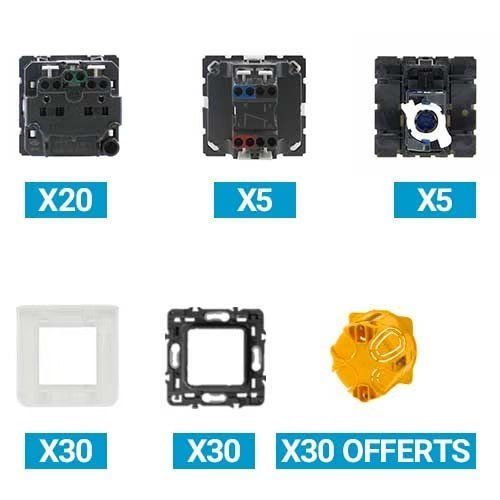 Lot de 20 prises + 5 va-et-vient avec enjoliveurs + 5 prises RJ45 catégories 6 + 30 plaques simples + 30 supports + 30 boites encastrements LEGRAND Mosaic blanc - vue de dos