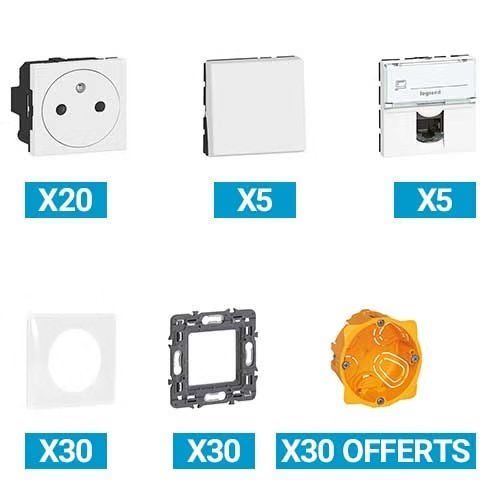 Lot de 20 prises + 5 va-et-vient avec enjoliveurs + 5 prises RJ45 catégories 6 + 30 plaques simples + 30 supports + 30 boites encastrements LEGRAND Mosaic blanc