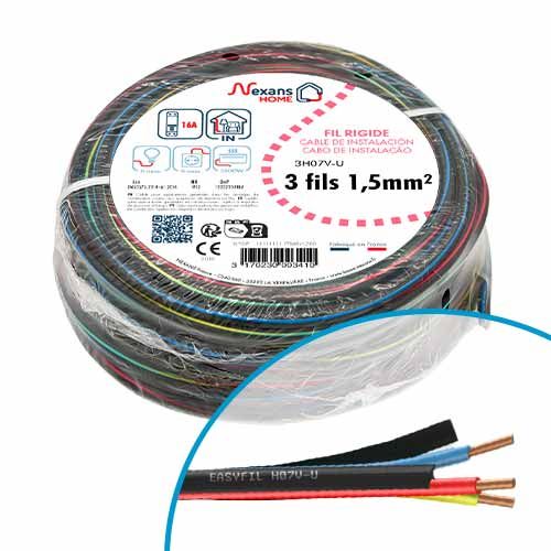 Couronne de 50m de câble électrique H07VU 3G1.5² Nexans Easyfil