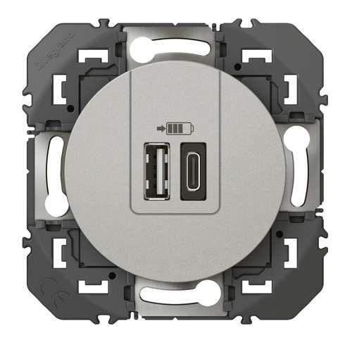 Double prise USB type A+C Legrand Dooxie coloris alu - vue de face