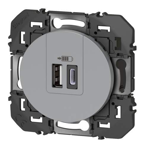 Double prise USB type A+C Legrand Dooxie coloris alu - vue de profil