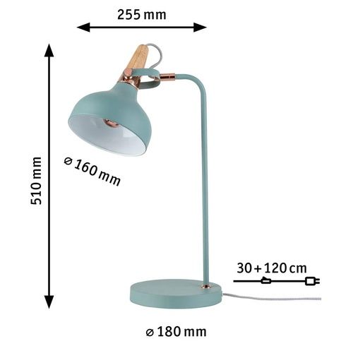 Dimensions lampe à poser Neordic Juna de Paulmann finition vert, bois et cuivré