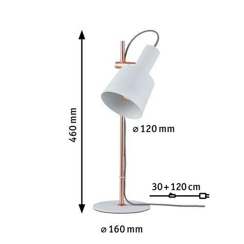 Dimensions lampe à poser Neordic Haldar de Paulmann blanc et cuivre