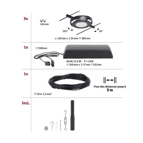 Détail du kit de 5 Spots LED sur câbles Paulmann CORDUO ROUNDMAC noir