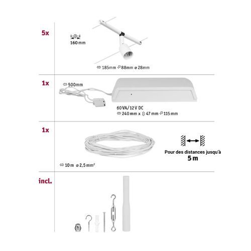 Kit de 5 Spots sur cables Paulmann CORDUO SALT GU5.3 5m blanc