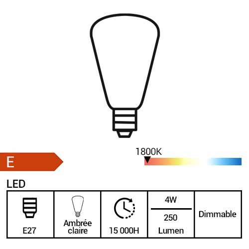PHILIPS Vintage Ampoule LED filament dimmable E27 230V 4W(=25W) 250lm 2000K LEDbulb Edison or - fiche technique