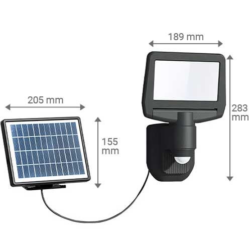 Dimensions du projecteur LED et de son panneau solaire