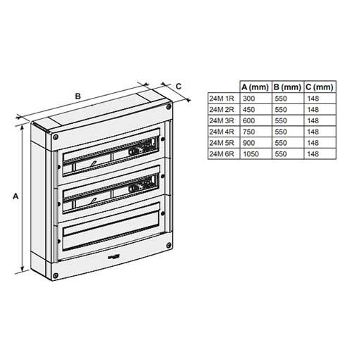 Tableau électrique nu blanc SCHNEIDER PrismaSeT XS 2 rangées 24 modules 125A - schéma avec dimensions du tableau
