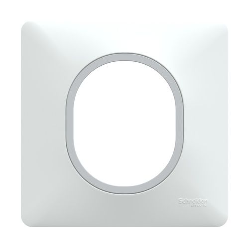 Plaque de finition Schneider Ovalis 1 poste blanc avec bague effet argent chromé - vue de face