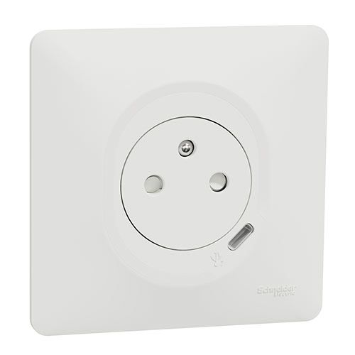 Prise de courant 2P+T + USB Type-C complète affleurante coloris blanc SCHNEIDER Ovalis - vue de profil