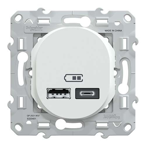 Prise chargeur double USB TYPE A+C blanc SCHNEIDER Ovalis - vue de face