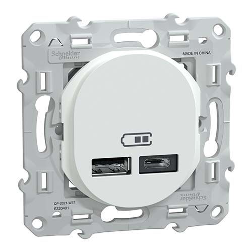 Prise chargeur double USB TYPE A+C blanc SCHNEIDER Ovalis - vue de profil