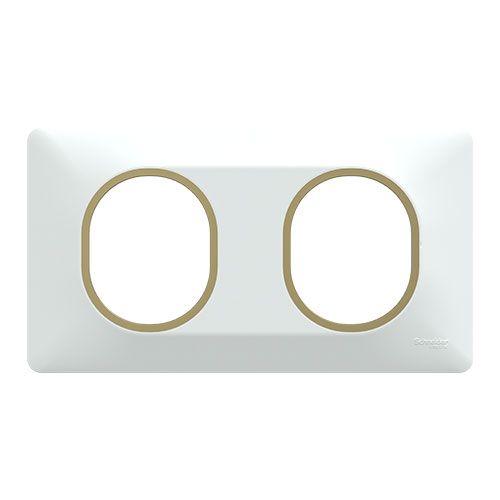 plaque de finition 2 postes Schneider Ovalis blanche avec bague en laiton - vue de face