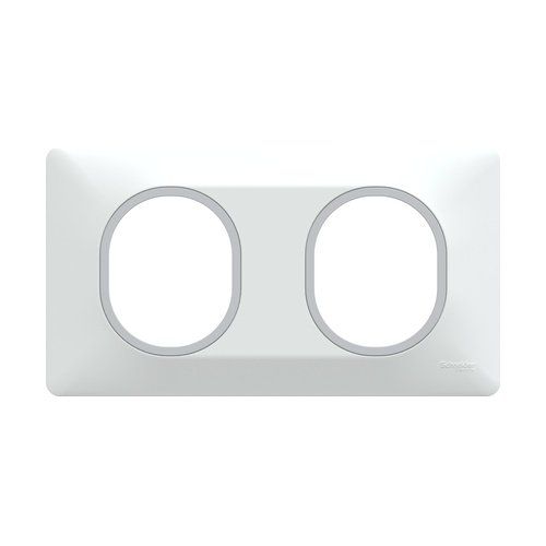 plaque de finition 2 postes schneider ovalis blanc liseré argent - vue de face
