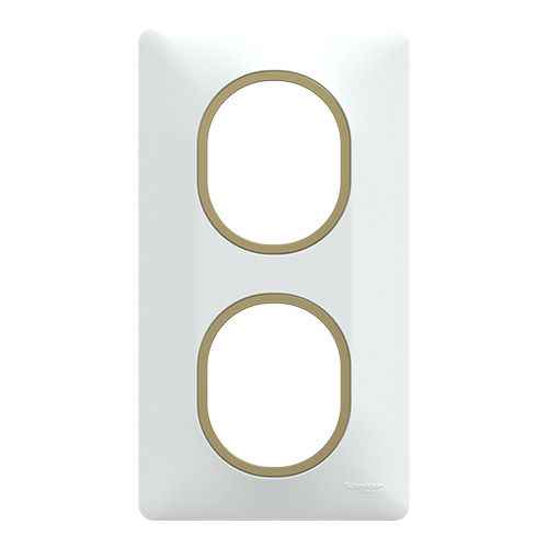 plaque de finition 2 postes vertical Schneider Ovalis blanc bague effet laiton - vue de face