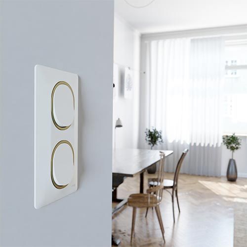 plaque de finition 2 postes vertical Schneider Ovalis blanc bague effet laiton - photo ambiance intérieur