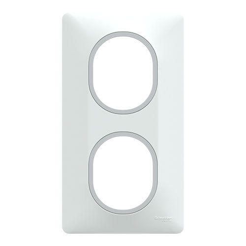 plaque de finition verticale 2 postes Schneider Ovalis blanc avec bague argent - vue de face