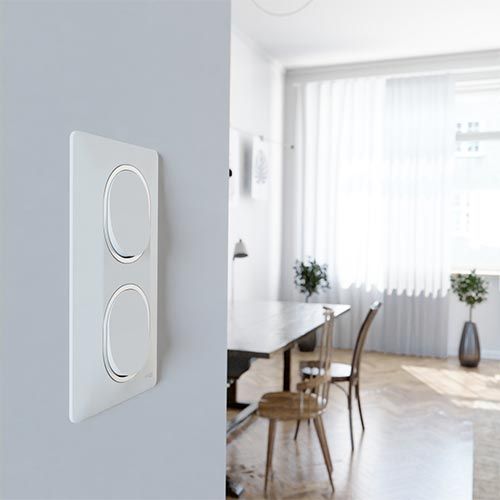 plaque de finition verticale 2 postes Schneider Ovalis blanc avec bague argent - photo ambiance intérieur