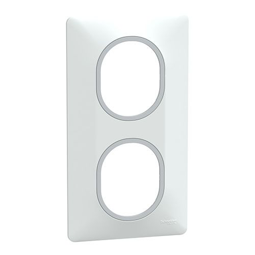 plaque de finition verticale 2 postes Schneider Ovalis blanc avec bague argent - vue de profil