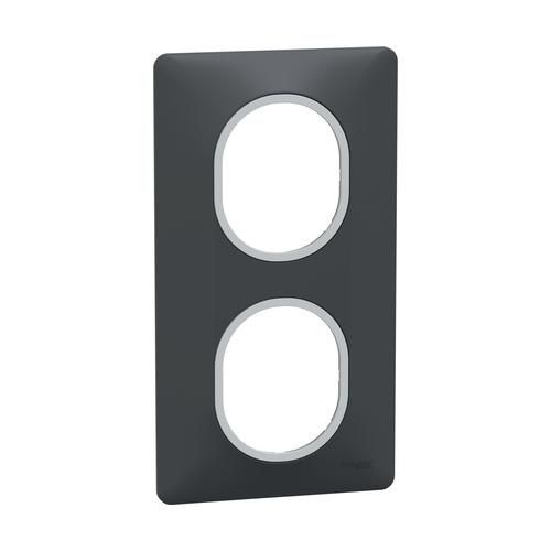 plaque de finition 2 postes vertical Schneider Ovalis coloris anthracite liseré argent - vue de profil