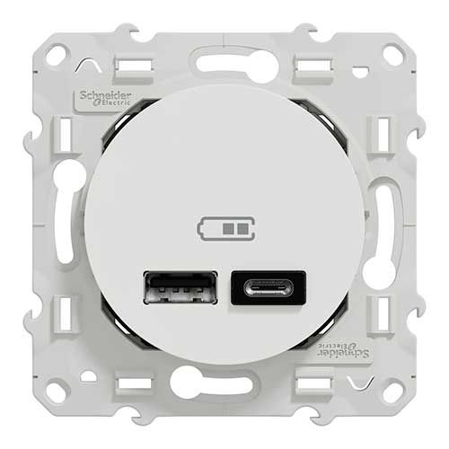 Prise chargeur double USB TYPE A+C blanc SCHNEIDER Odace - image de face