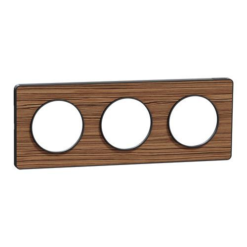 plaque 3 postes Schneider Odace Touch finition bois zebrano avec liseré anthracite - vue de face