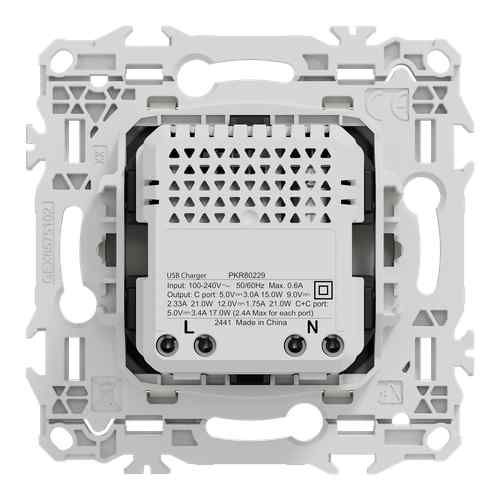 Chargeur double USB type C Schneider Odace blanc craie - vue de dos
