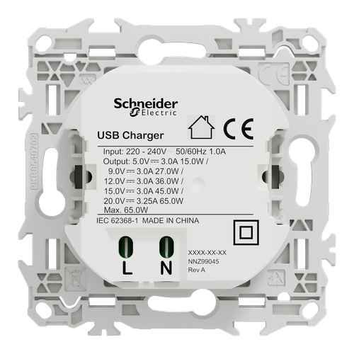 Chargeur USB type-C 65W Schneider Odace blanc craie - vue de dos