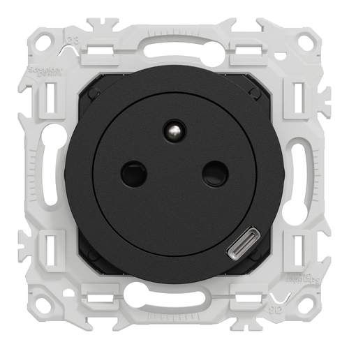 prise de courant 2P+T Schneider Odace avec USB-C coloris noir - vue de face