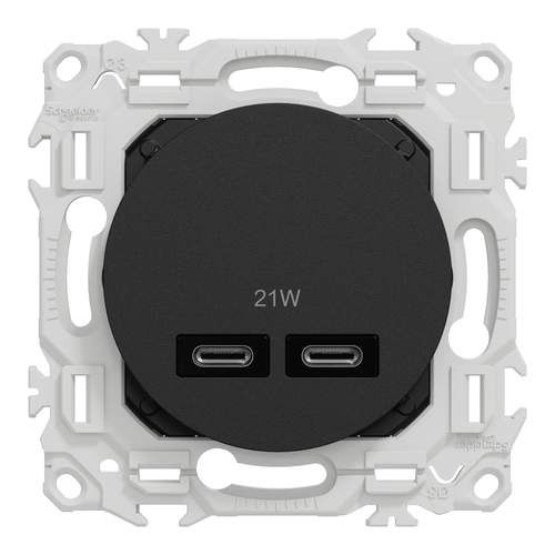 Prise double USB type C Schneider Odace noir - vue de face