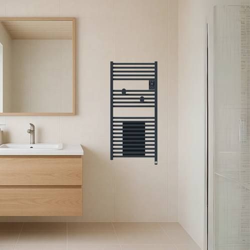 Sèche serviettes connecté avec soufflerie Thermor Riva 5 1500W gris ardoise - photo ambiance salle de bain
