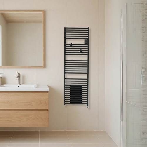 Sèche serviettes connecté avec soufflerie Thermor Riva 5 1750W noir carbone - photo ambiance salle de bain