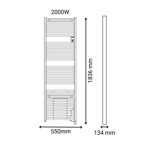 Sèche serviettes connecté avec soufflerie Thermor Riva 5 2000W gris menhir - schéma avec dimensions