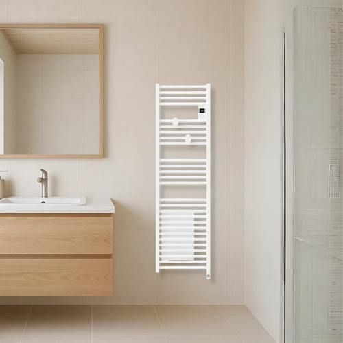 Sèche serviettes connecté avec soufflerie Thermor Riva 5 étroit 1500W blanc - photo ambiance salle de bain