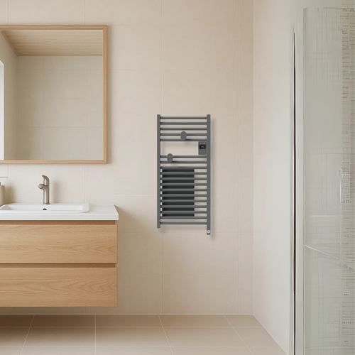 Sèche serviettes connecté étroit avec soufflerie Thermor Riva 5 1300W gris menhir - photo salle de bain
